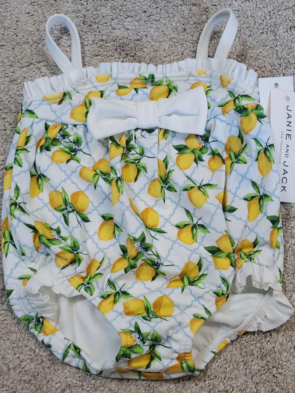 Janie and Jack Vibrant Lemon Print Baby Swimsuit With Bow. 0-3 Months